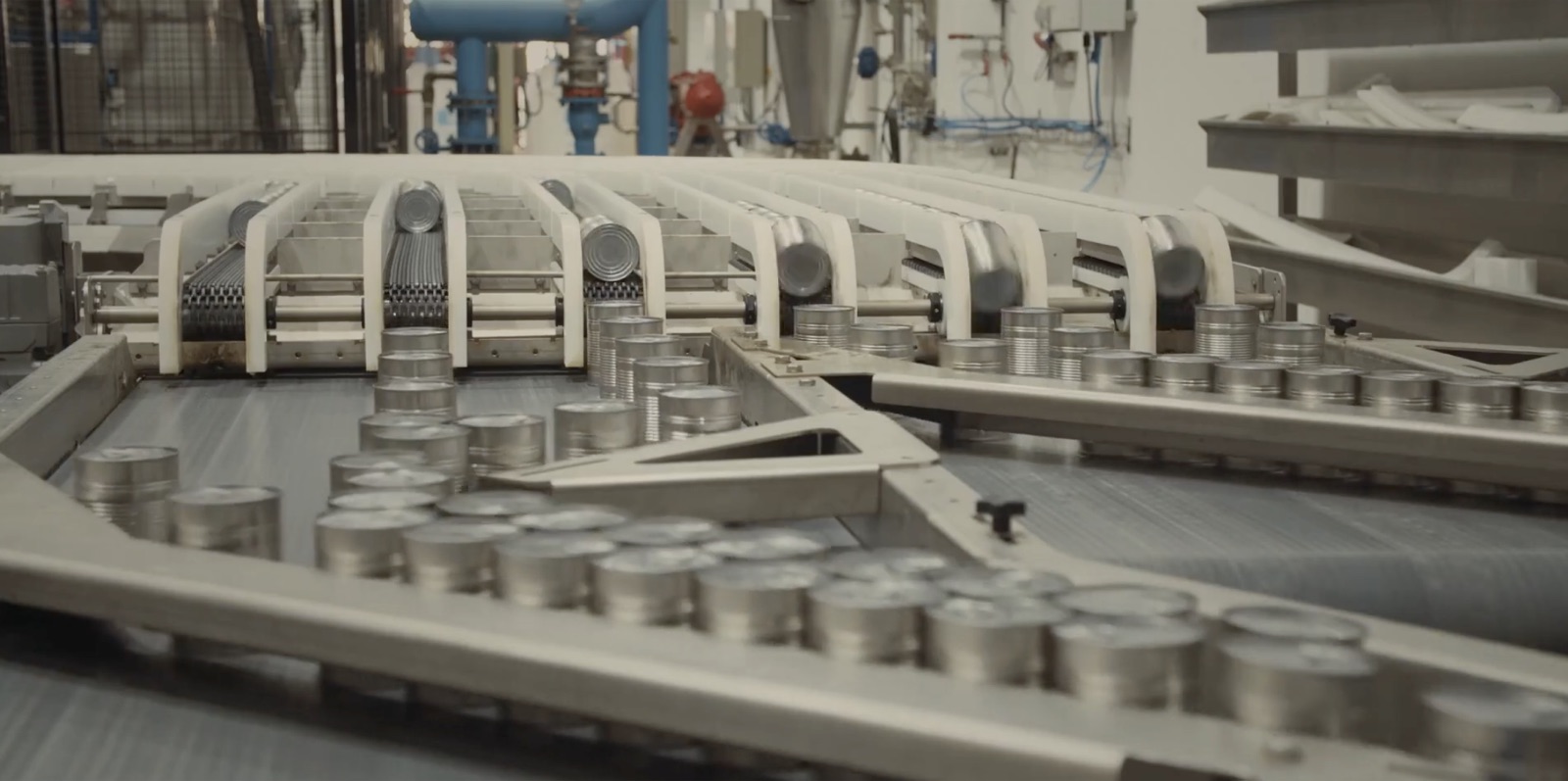 Cans moving along a factory production line